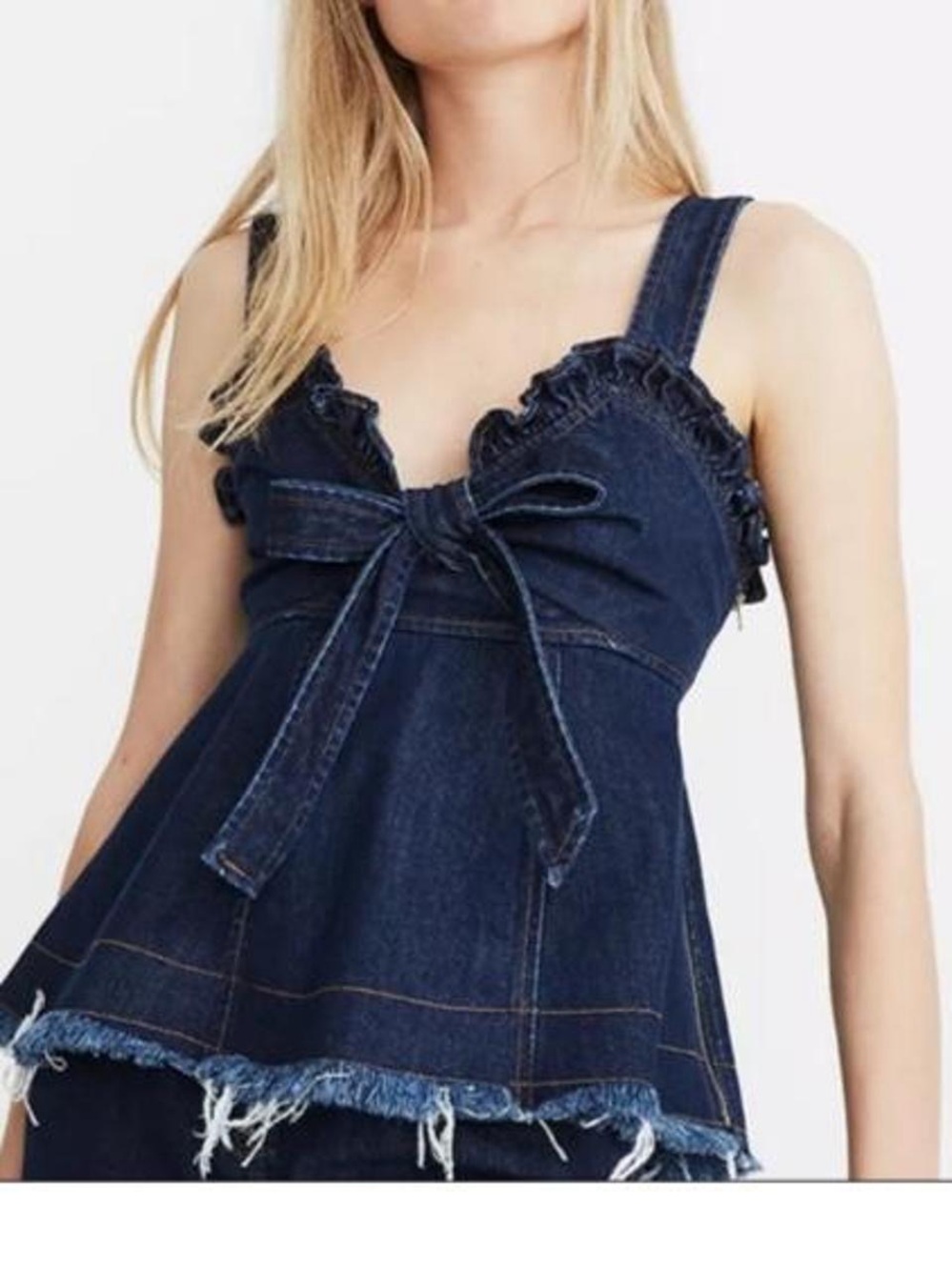 Madewell x Karen Walker navy blue denim babydoll top with bow and side zipper